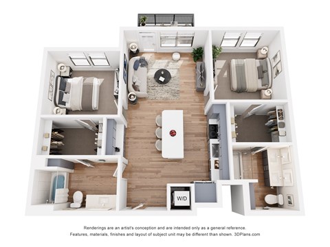 Floor plan for 2 beds, 2 baths, 1170 sqft